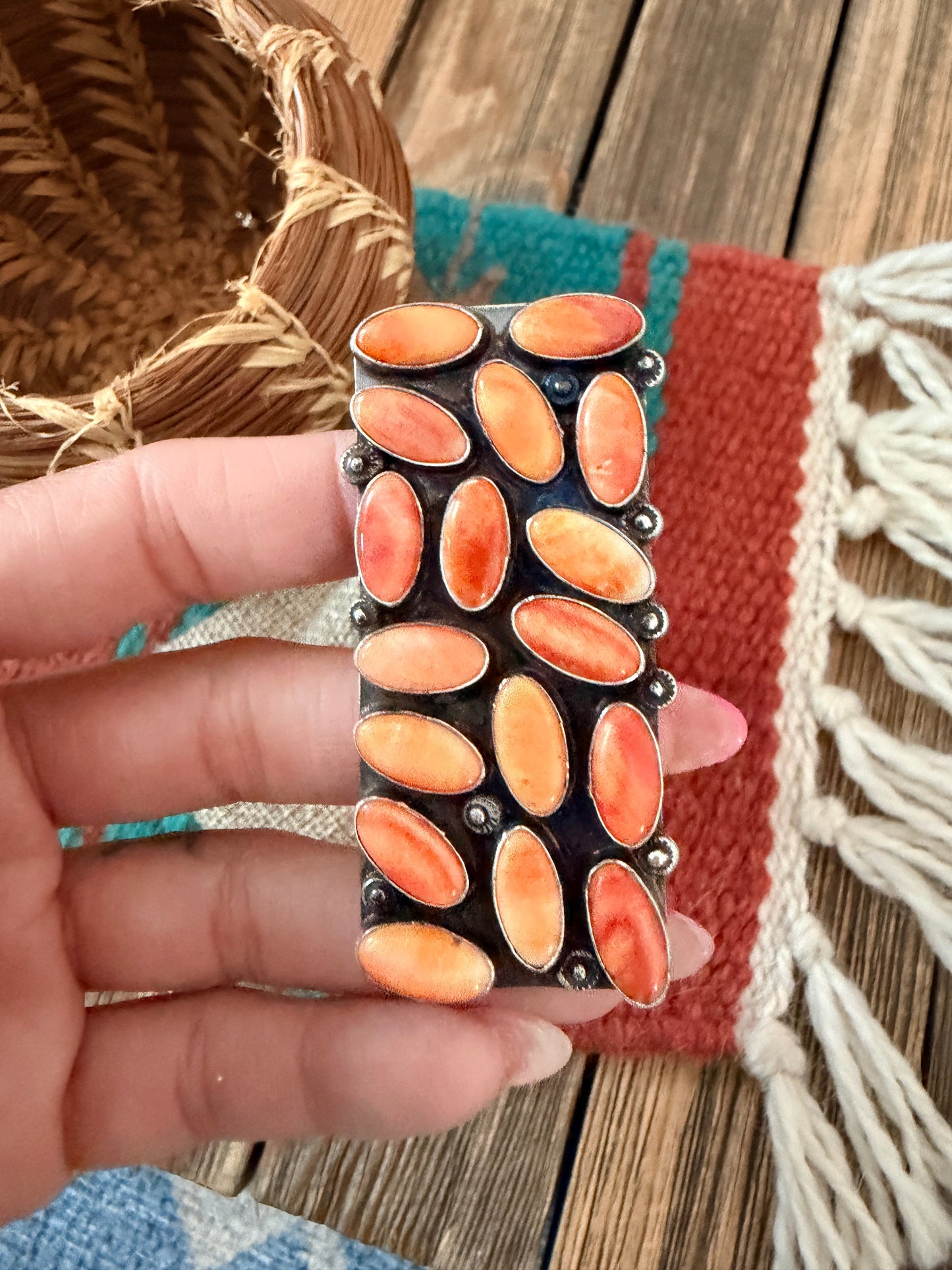 Handcrafted Orange Spiny Oyster & Sterling Silver Cluster Adjustable Ring by Jacqueline Silver