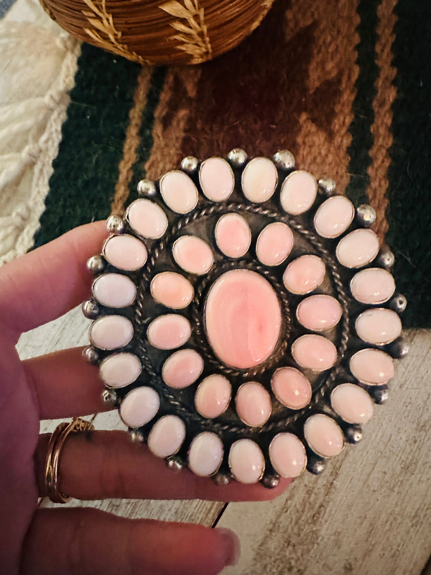 Handcrafted Queen Pink Conch Shell & Sterling Silver Cluster Cuff Bracelet