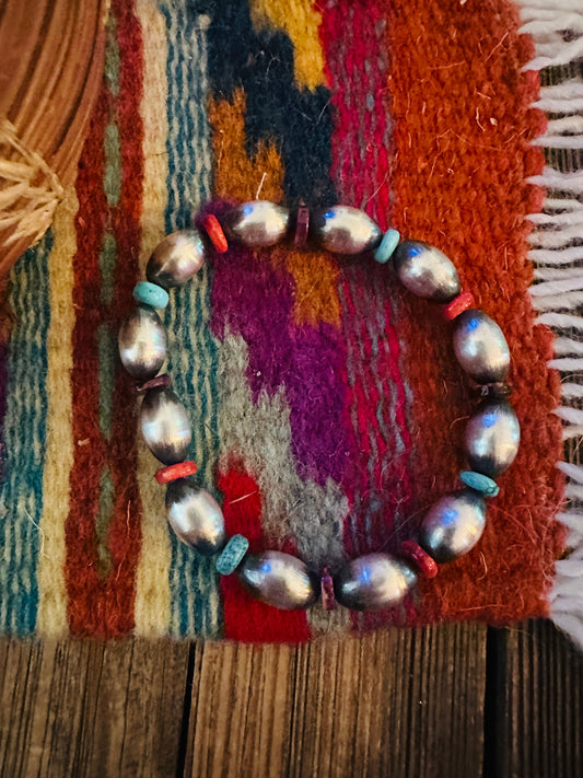 Handcrafed Turquoise, Spiny & Sterling Silver Pearl Beaded Stretch Bracelet