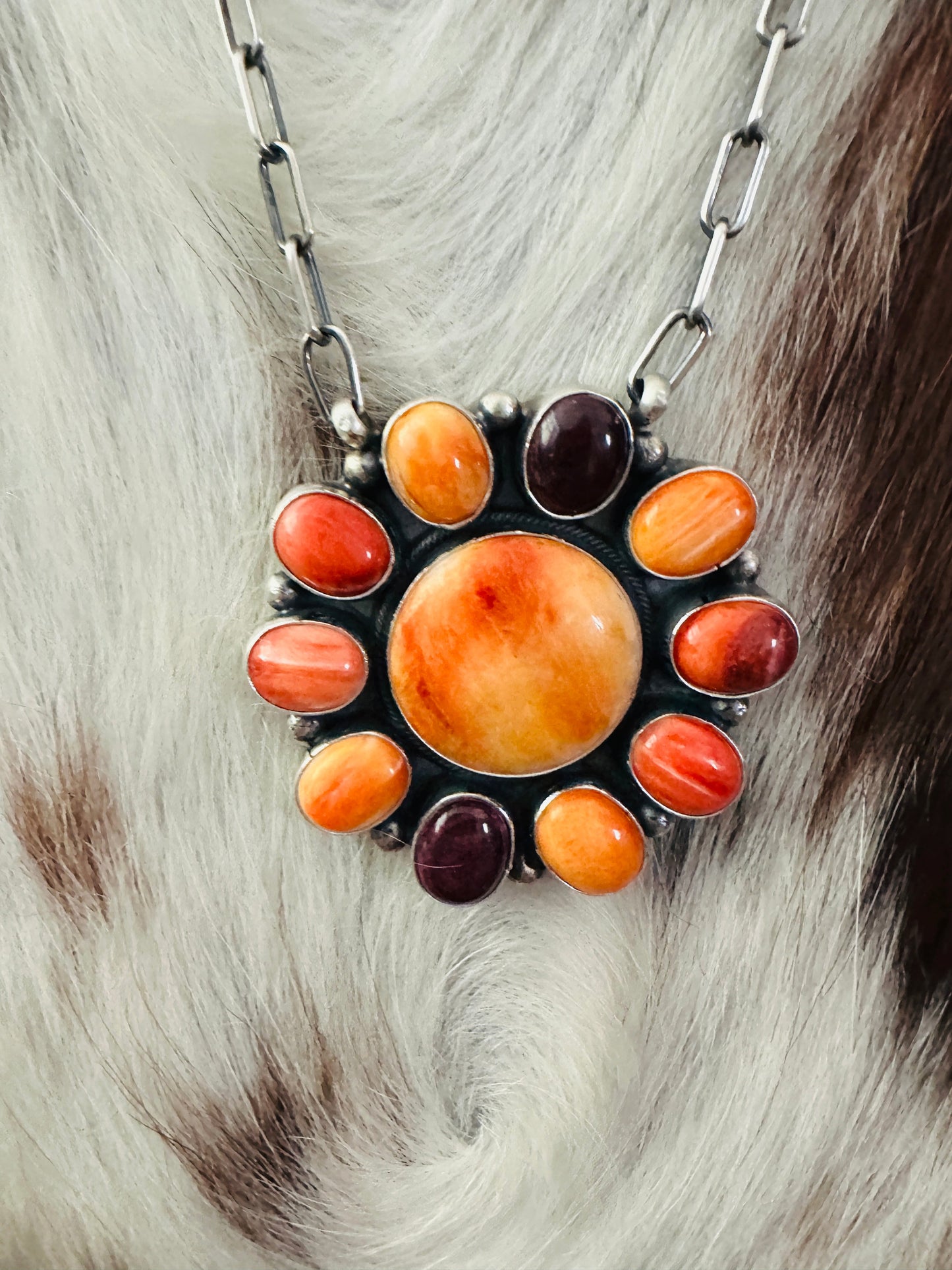 Handcrafted Multicolor Spiny Oyster & Sterling Silver Cluster Necklace by Sheila Becenti