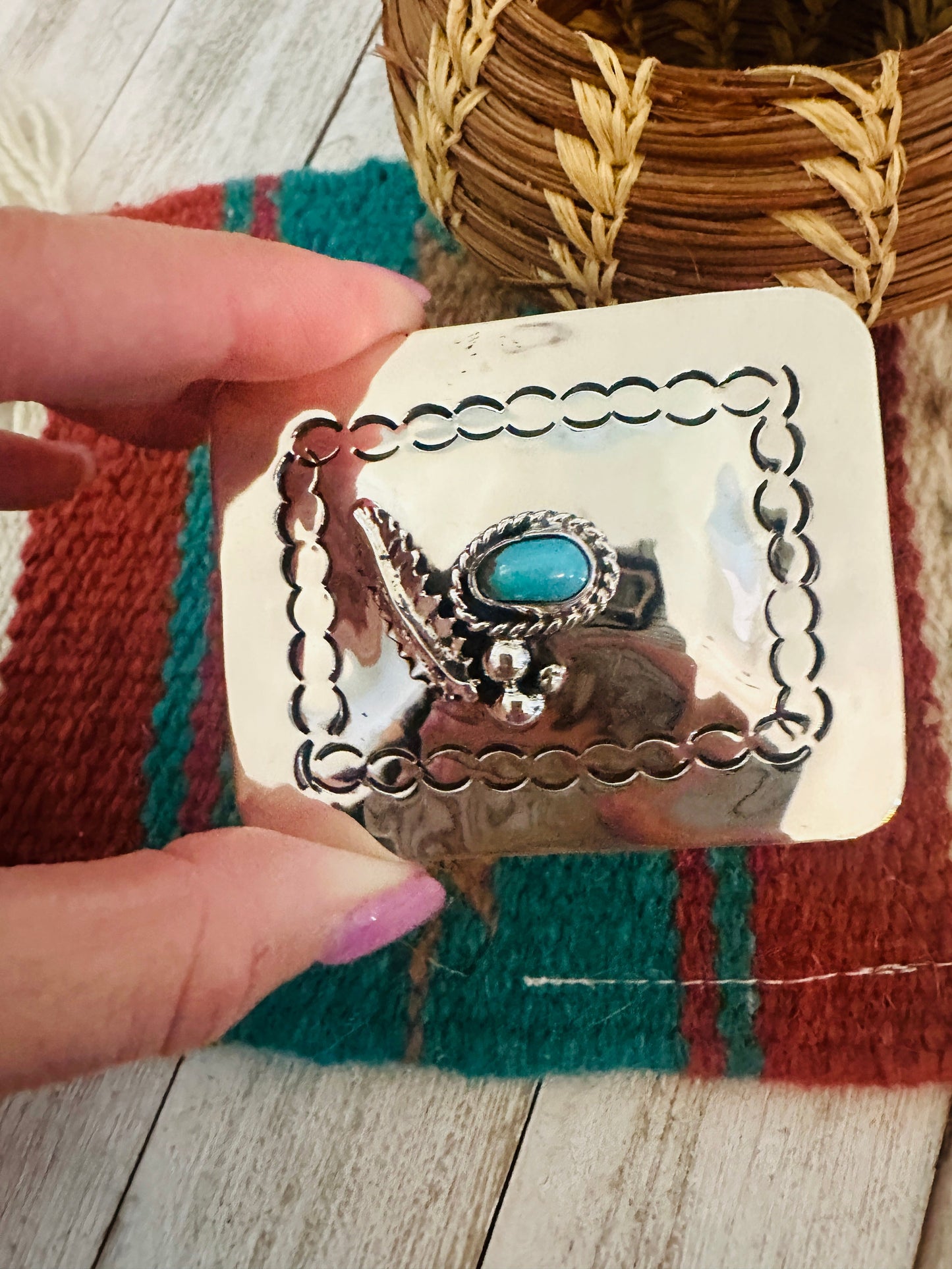 Handcrafted Turquoise & Hand Stamped Sterling Silver Belt Buckle