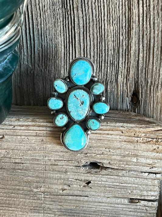 Handcrafted Sterling Silver and Natural Campitos Turquoise Cluster Ring by Sheila Becenti, Size 8.75