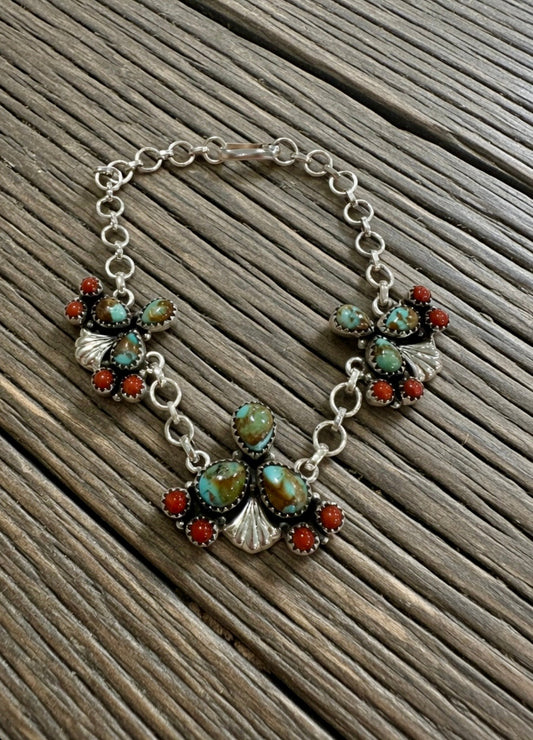 “The Prickly Bracelet” Handmade Sterling Silver, Turquoise & Coral Cactus Bracelet