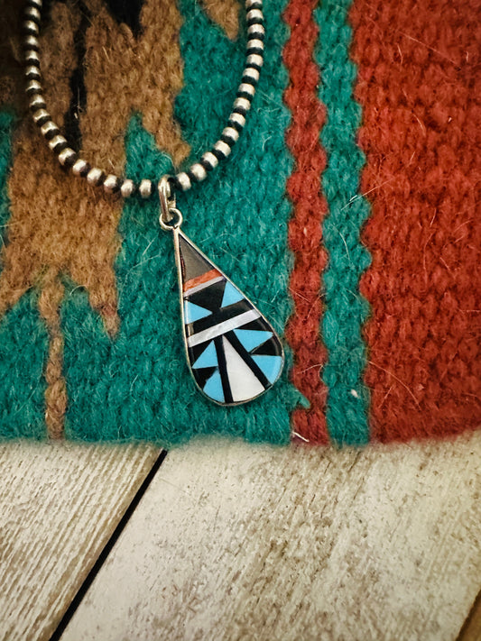 Handcrafted Multi Stone & Sterling Silver Inlay Teardrop Pendant
