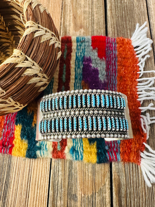 Handcrafted Old Pawn Sterling Silver & Turquoise Needlepoint Cuff Bracelet