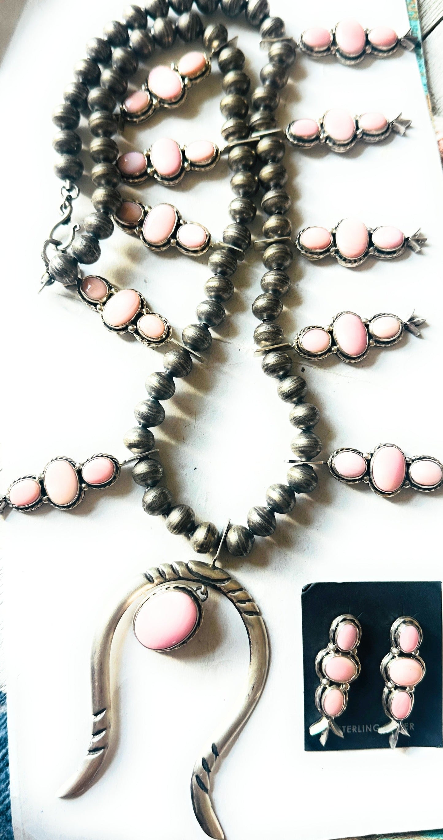 Handcrafted Sterling Silver & Queen Pink Conch Squash Blossom Necklace Set