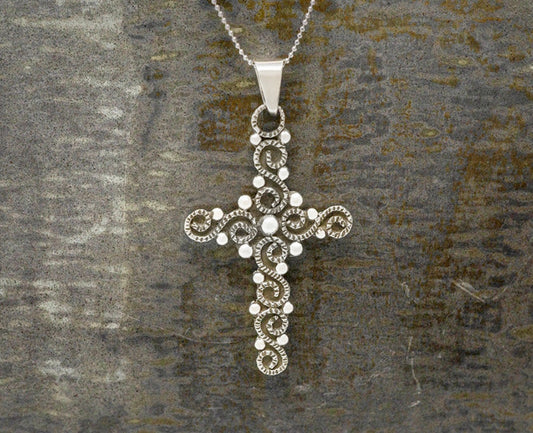 Vintage Oxidized Cross Sterling Silver Pendant Necklace