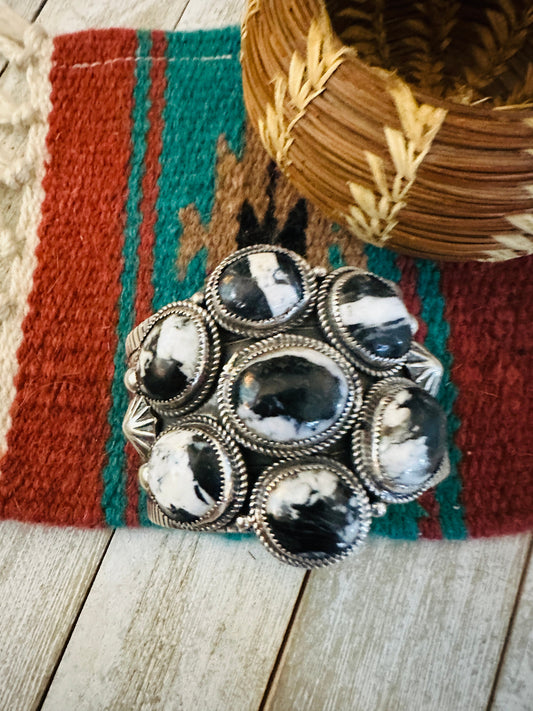 Handcrafted White Buffalo & Sterling Silver Cluster Cuff Bracelet