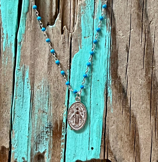 Turquoise Chip Saint Mary Pendant Sterling Silver Necklace