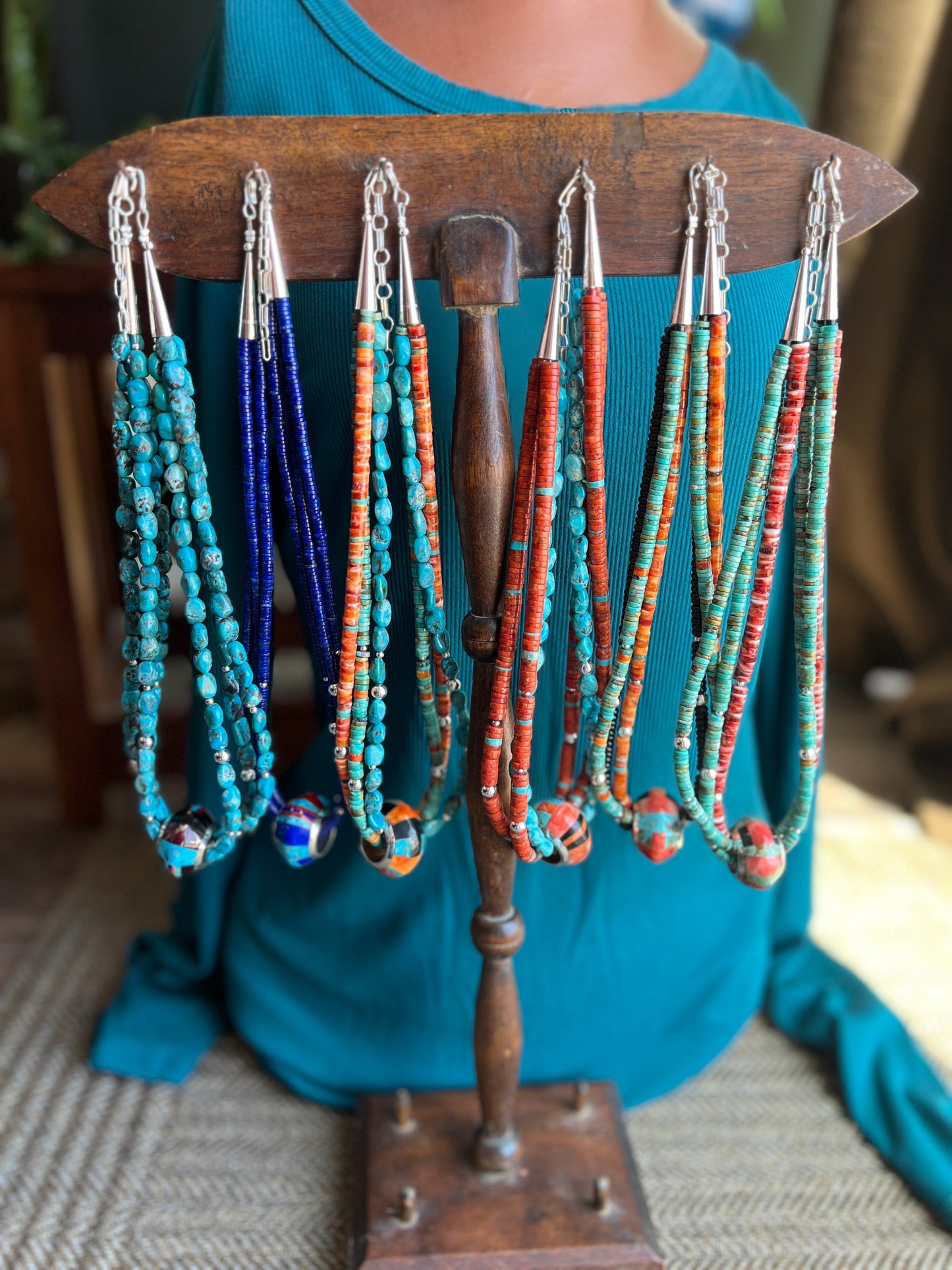Daniel Coriz Triple Strand Turquoise and Sterling Beaded Necklace w/ Removable Sterling Silver & Stone Inlay Bead
