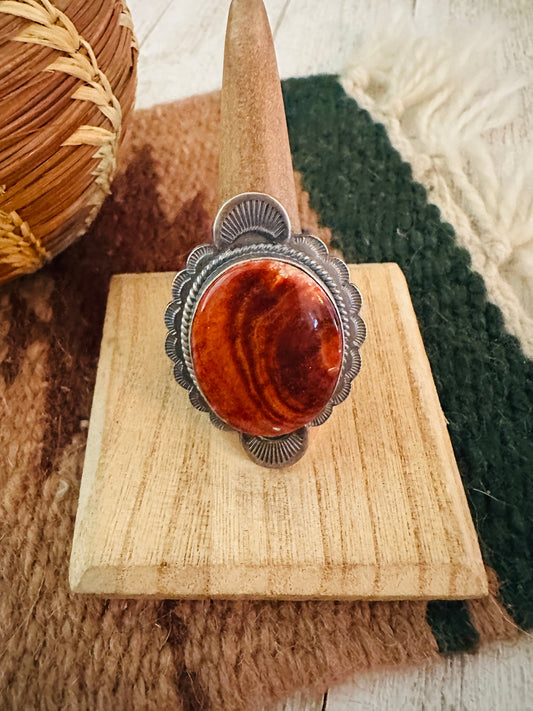 Handcrafted Orange Spiny & Sterling Silver Ring Size 8.5