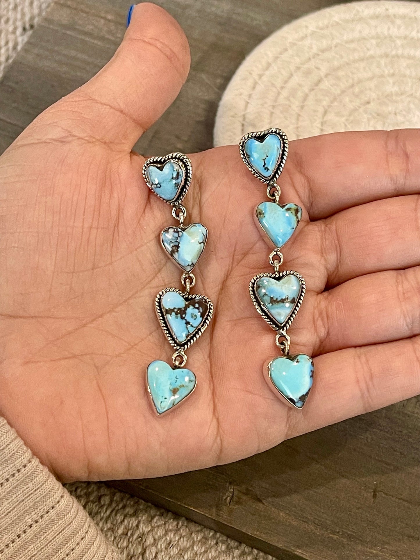 Handmade Golden Hills and Sterling Silver Dangle Heart Earrings