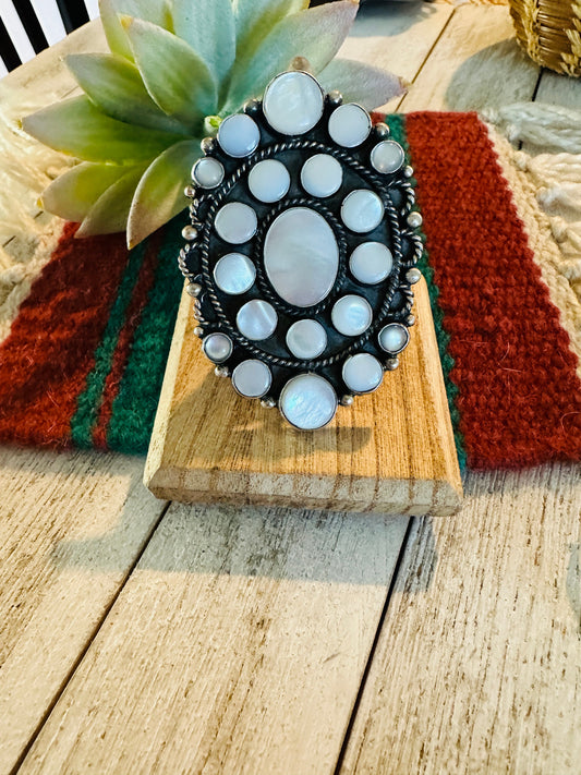 Handcrafted Sterling Silver & Mother of Pearl Cluster Ring Size 9