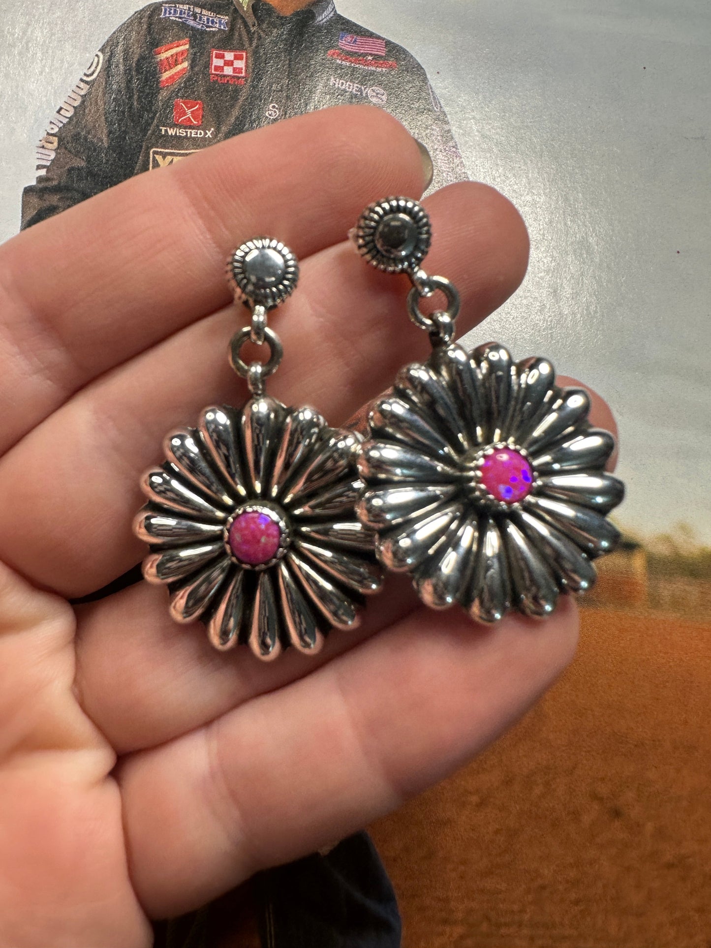 Handmade Sterling Silver & Hot Pink Fire Opal Flower Earrings