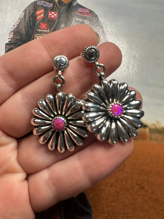 Handmade Sterling Silver & Hot Pink Fire Opal Flower Earrings
