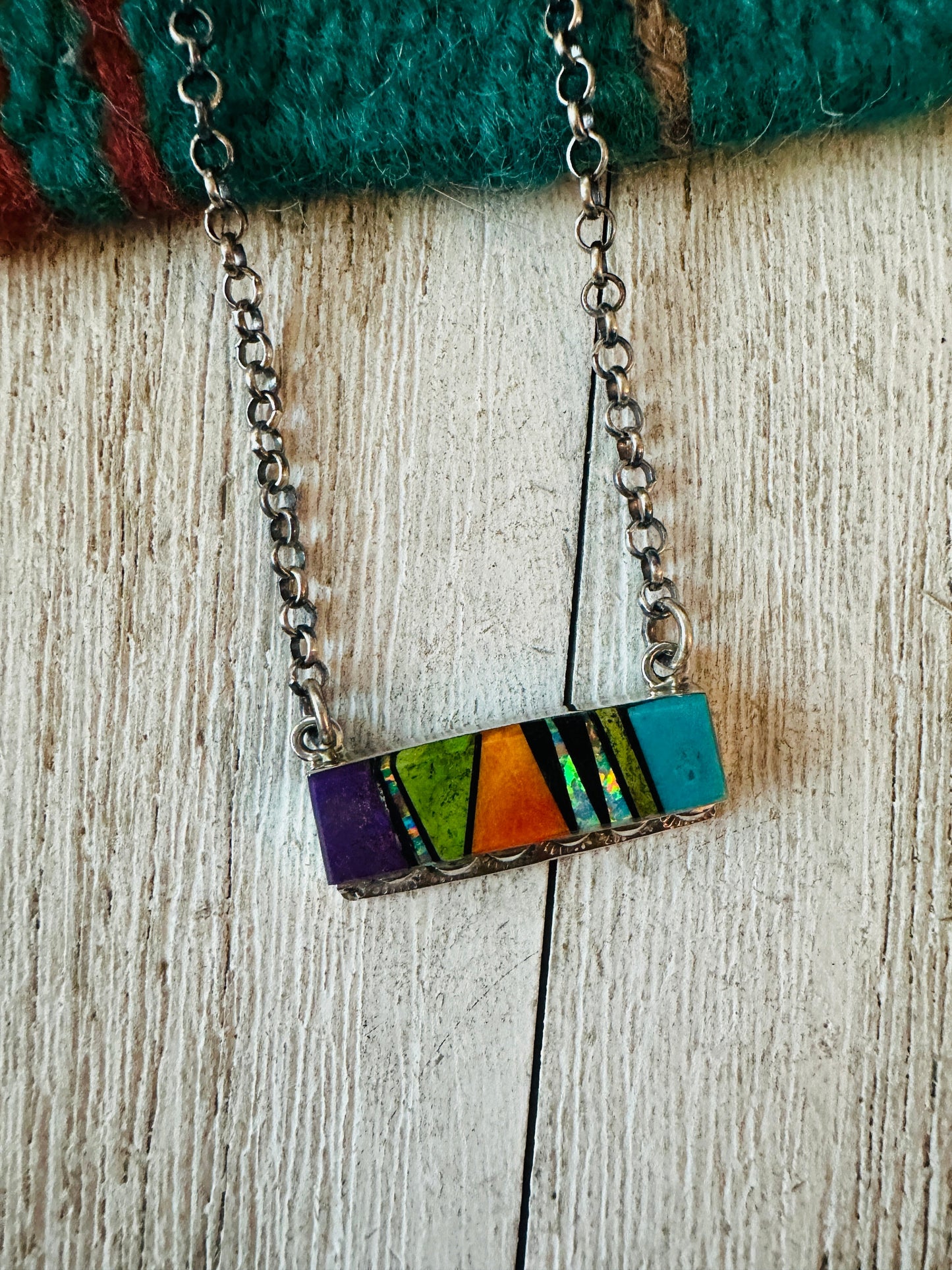 Handcrafted Multi Stone & Sterling Silver Inlay Bar Necklace