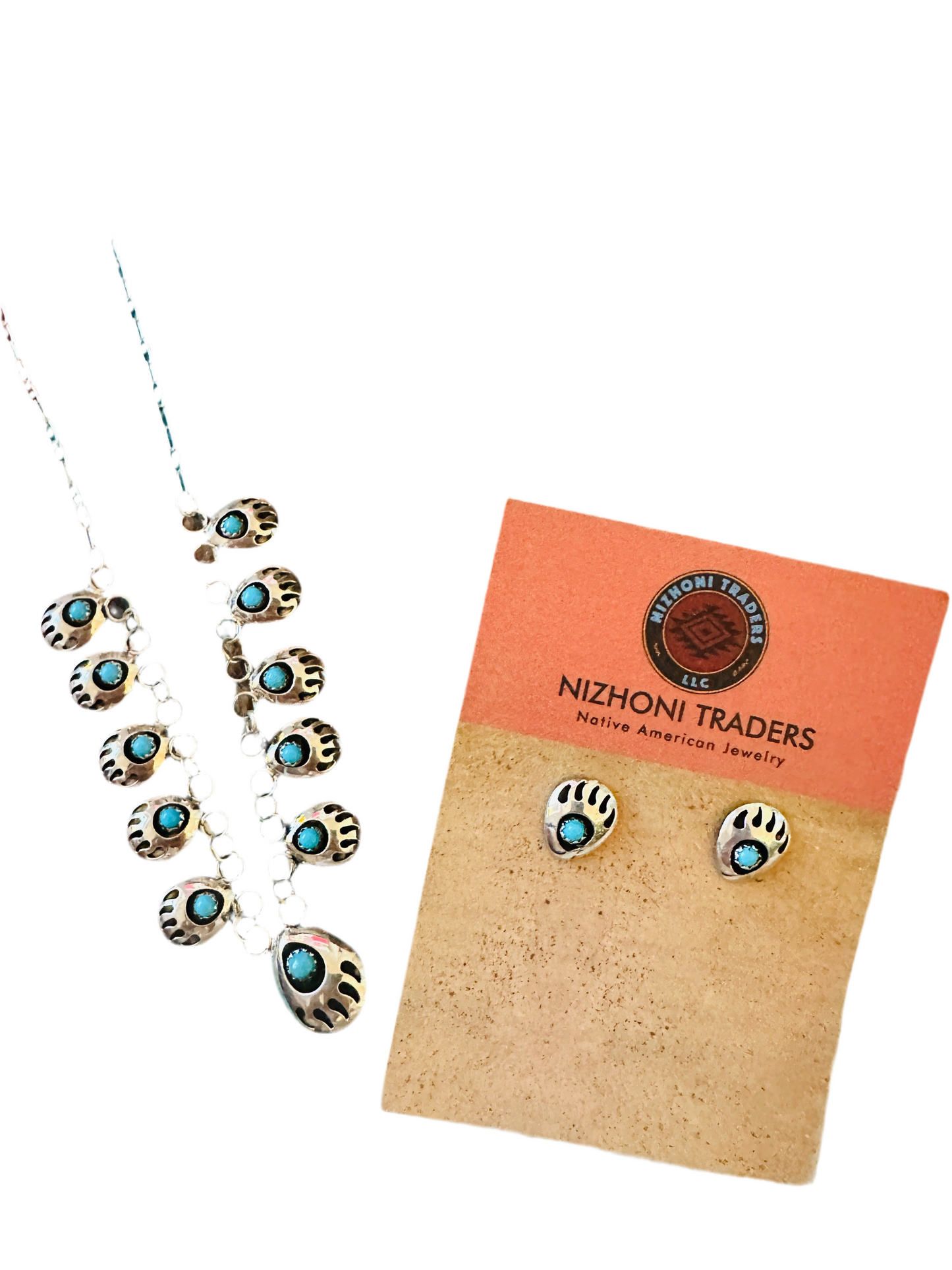 Handcrafted Sterling Silver & Turquoise Bear Paw Necklace & Earring Set
