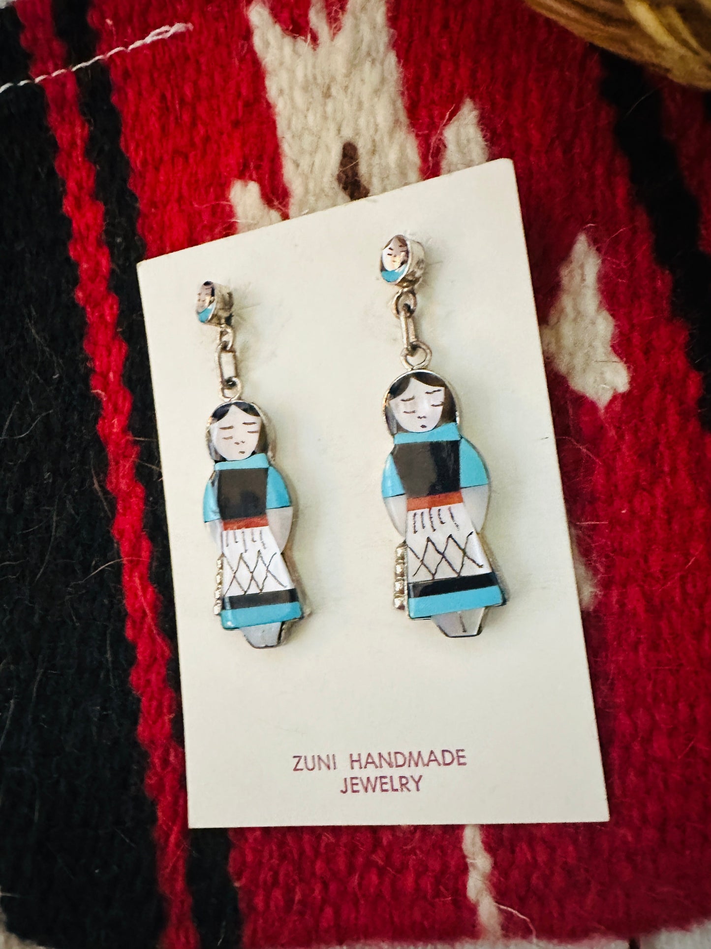 Handcrafted Multi Stone & Sterling Silver Inlay Maiden Girl Dangle Earrings