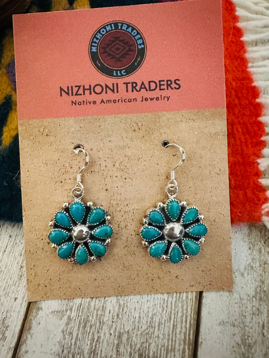 Handcrafted Sterling Silver & Turquoise Cluster Dangle Earrings