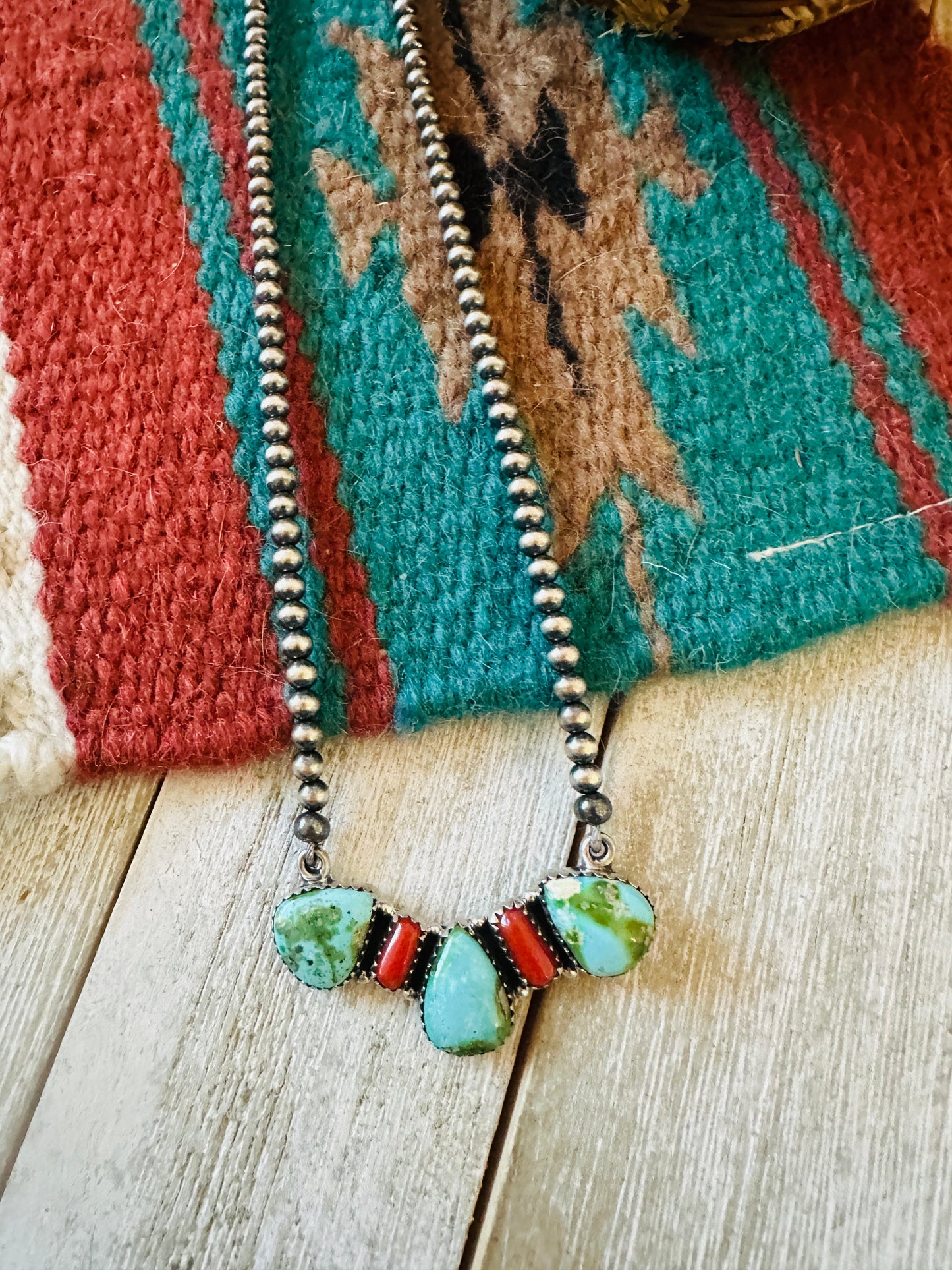 ** Christmas Collection ** Handmade Sterling Silver, Turquoise & Coral Necklace Signed Nizhoni
