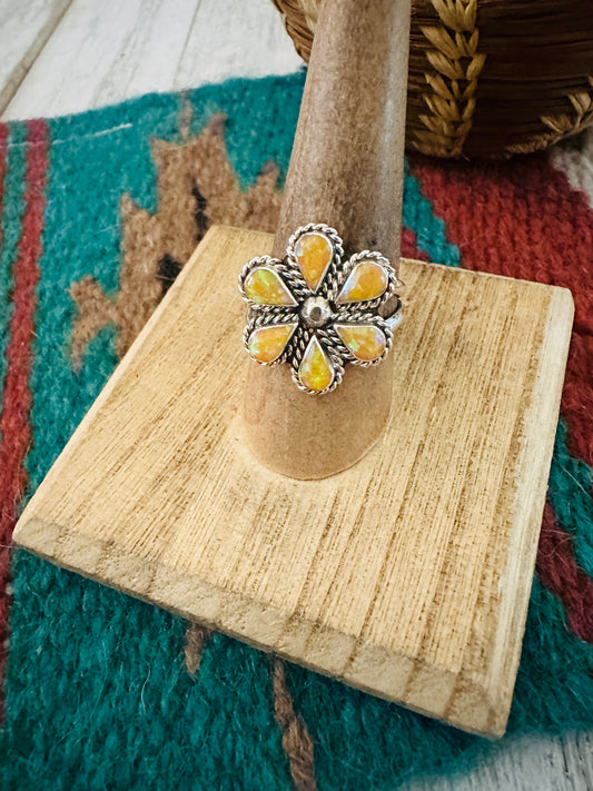 Handcrafted Sterling Silver & Yellow Opal Flower Ring Size 9