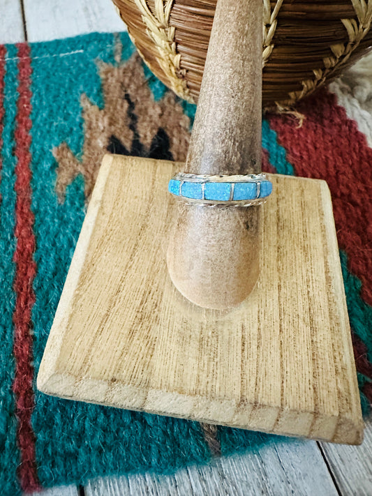 Handcrafted Sterling Silver & Blue Opal Inlay Band Ring Size 7.5