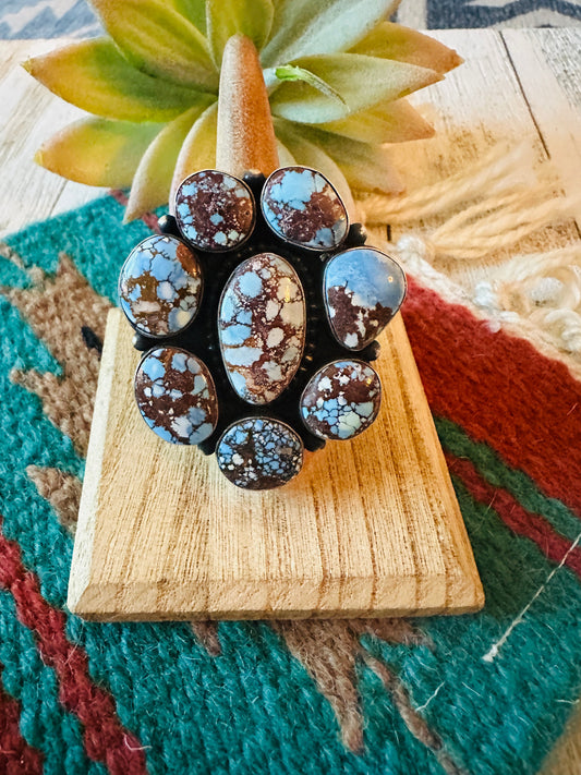 Navajo Golden Hills Turquoise & Sterling Silver Cluster Ring Size 7.25