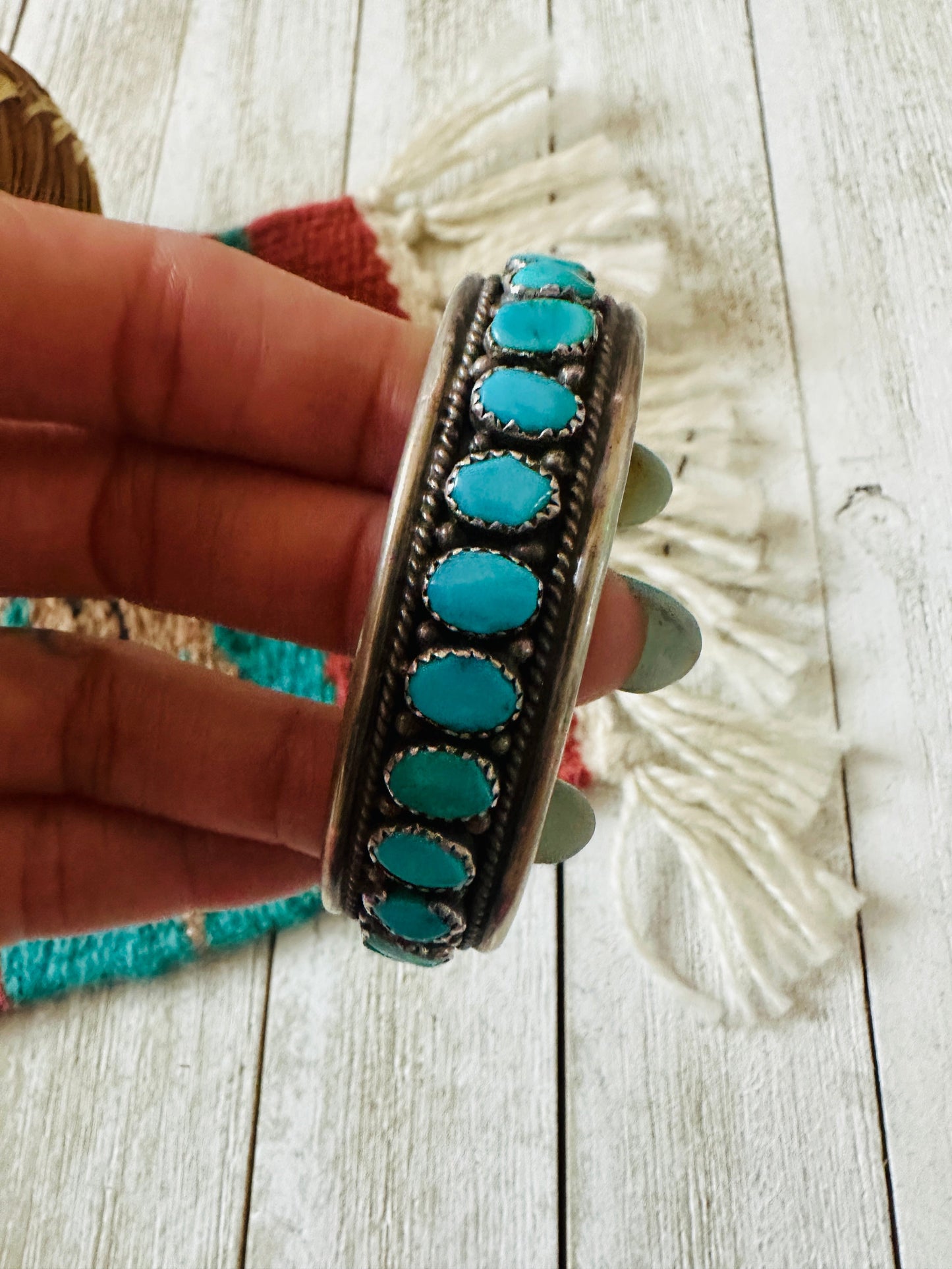 Old Pawn Handcrafted Sterling Silver & Turquoise Cuff Bracelet /