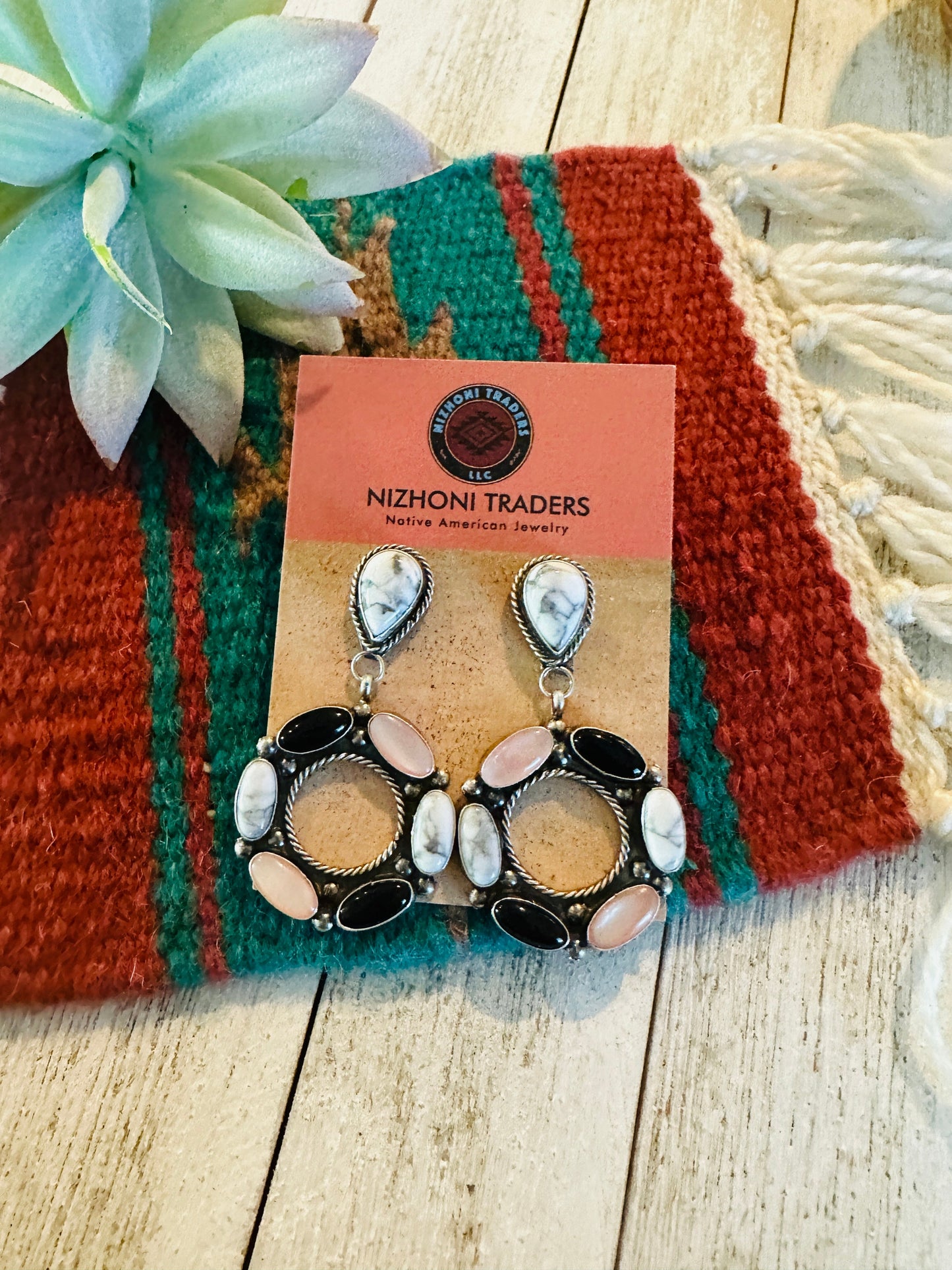Handcrafted White Buffalo, Onyx, Mother of Pearl and Sterling Silver Dangle Earrings