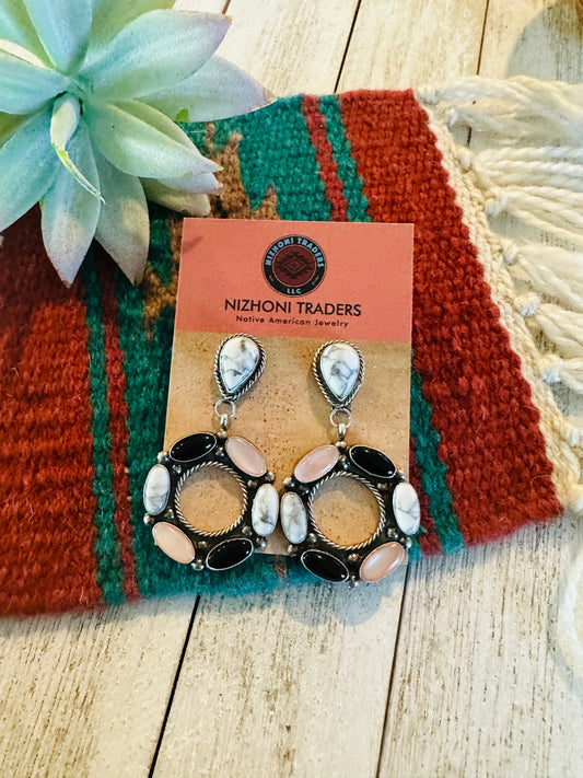 Handcrafted White Buffalo, Onyx, Mother of Pearl and Sterling Silver Dangle Earrings