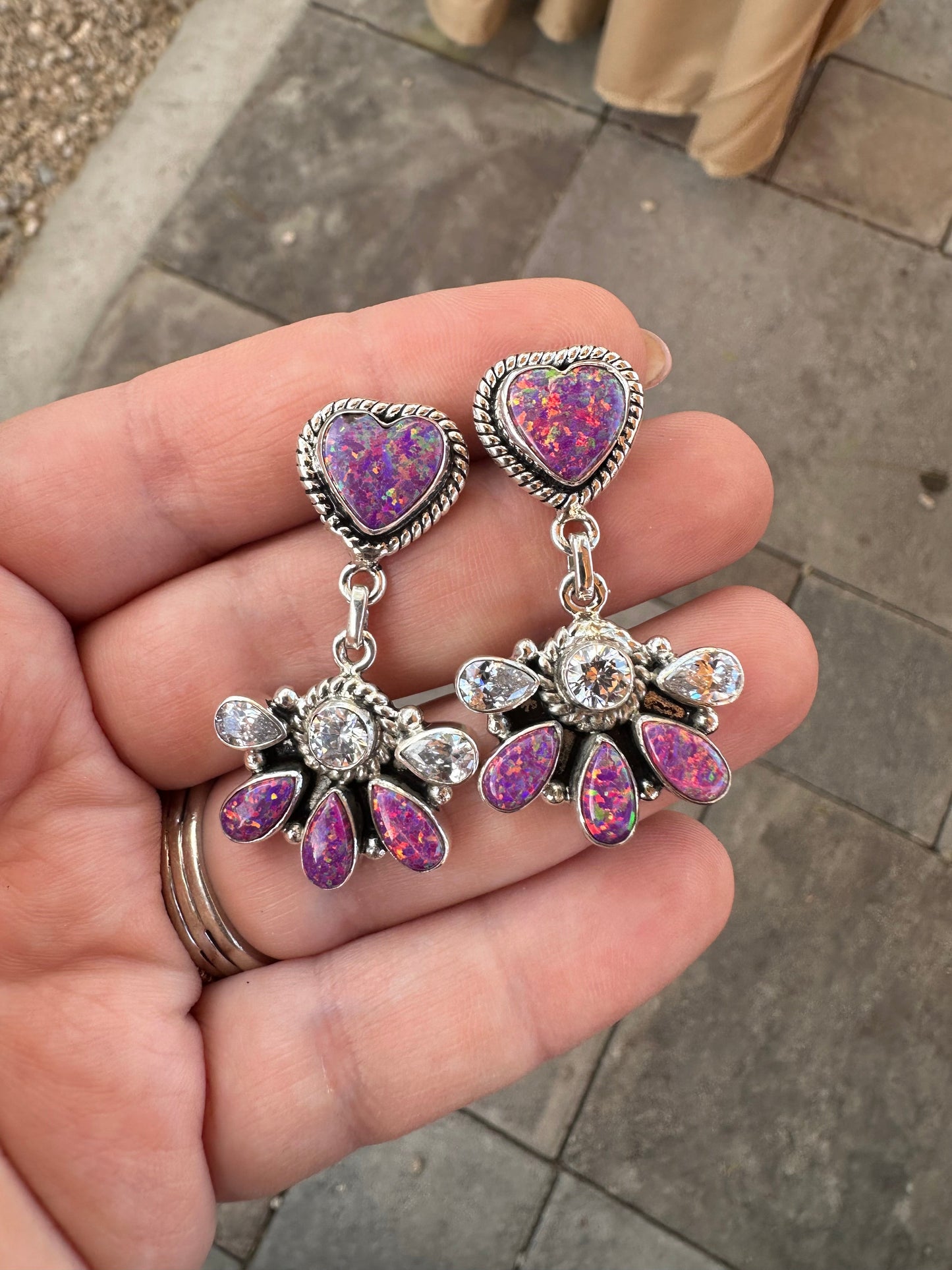 Handmade Dark Pink Opal, CZ and Sterling Silver Dangle Earrings