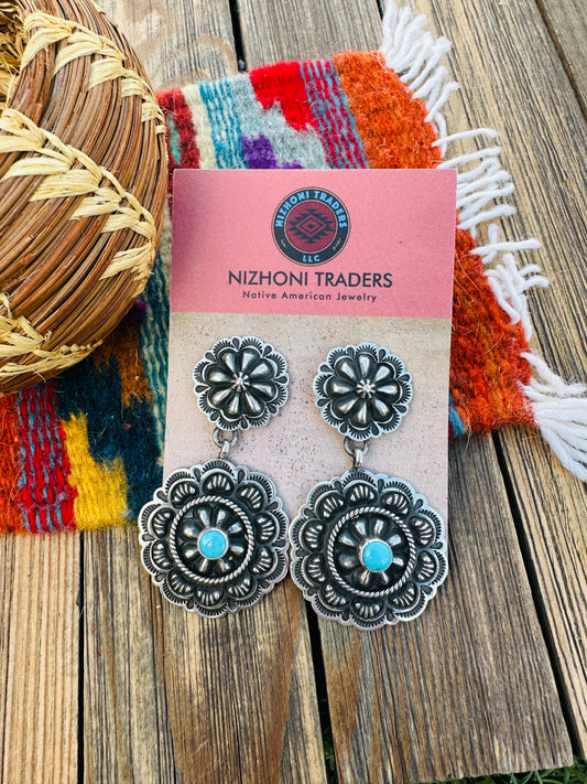 Handcrafted Turquoise & Sterling Silver Concho Dangle Earrings