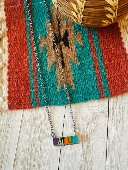 Handcrafted Multi Stone & Sterling Silver Inlay Bar Necklace