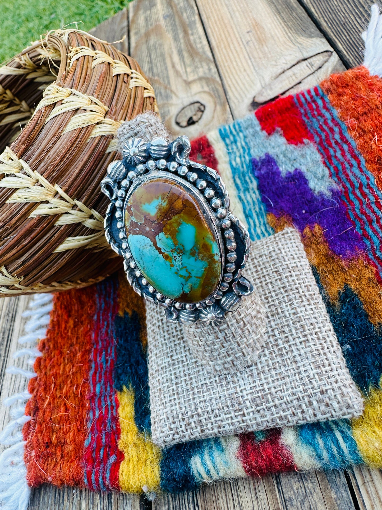 Handcrafted Pilot Mountain Turquoise & Sterling Silver Ring 7.25 by Rosella Paxson