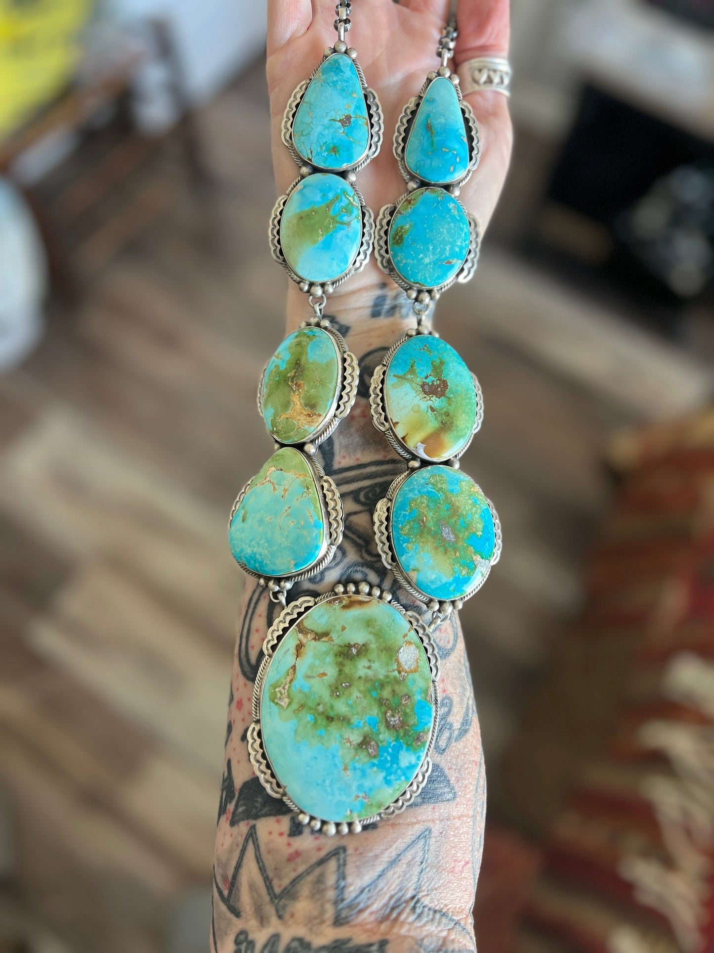 Massive Handcrafted Sterling Silver and Sonoran Mountain Turquoise Statement Necklace with Earrings by Talila Benally