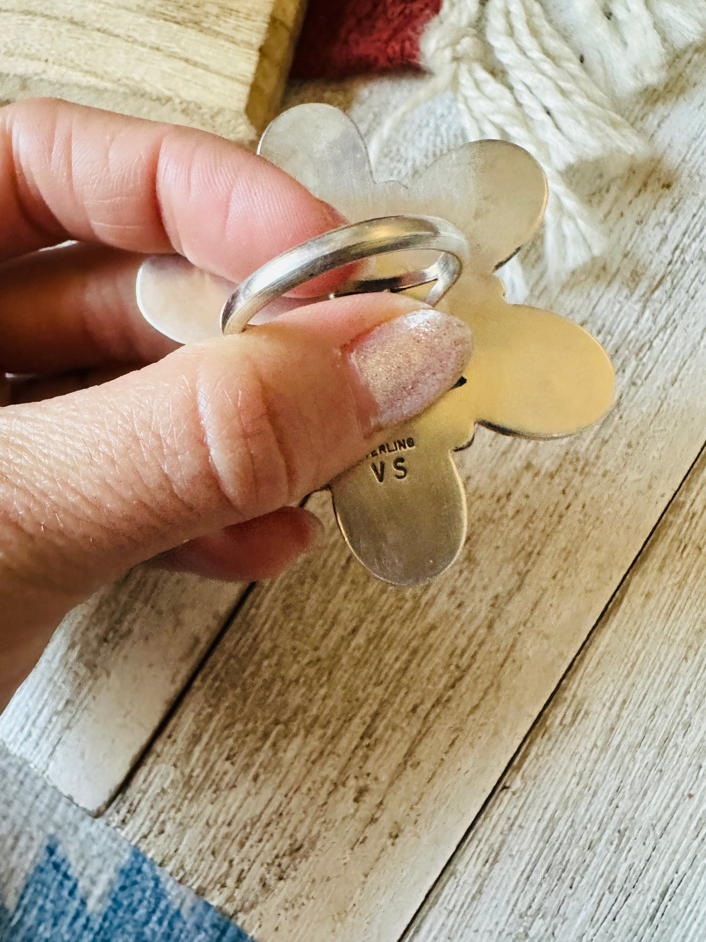 Handcrafted Sterling Silver, Queen Pink Conch & Turquoise Adjustable Flower Ring