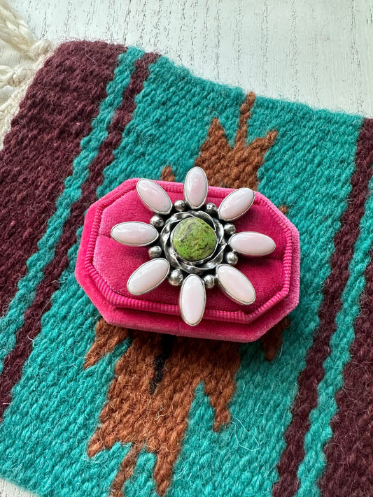 “Pink Blossom” Gorgeous Handcrafted Turquoise, Pink Conch And Sterling Silver Adjustable Flower Ring Signed