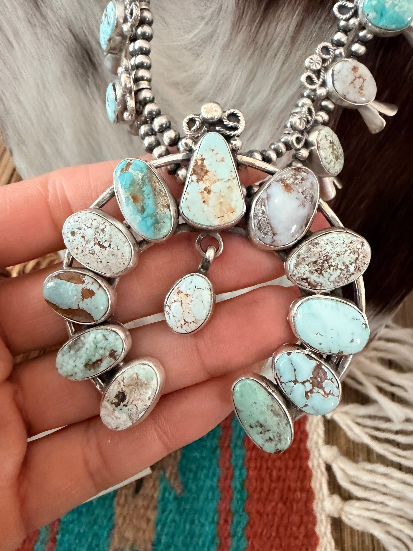 Handcrafted Dry Creek Turquoise & Sterling Silver Squash Blossom Necklace and Earring Set