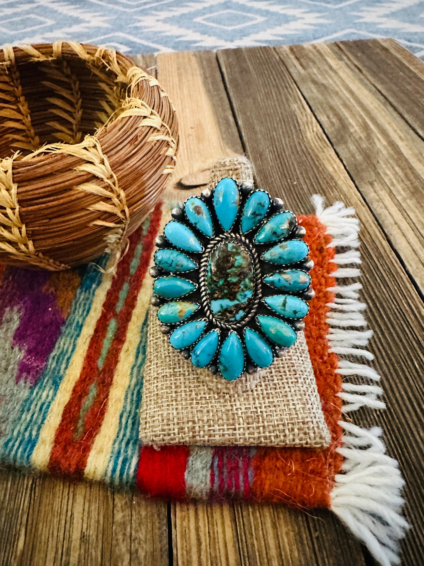 Handcrafted Turquoise & Sterling Silver Adjustable Cluster Ring