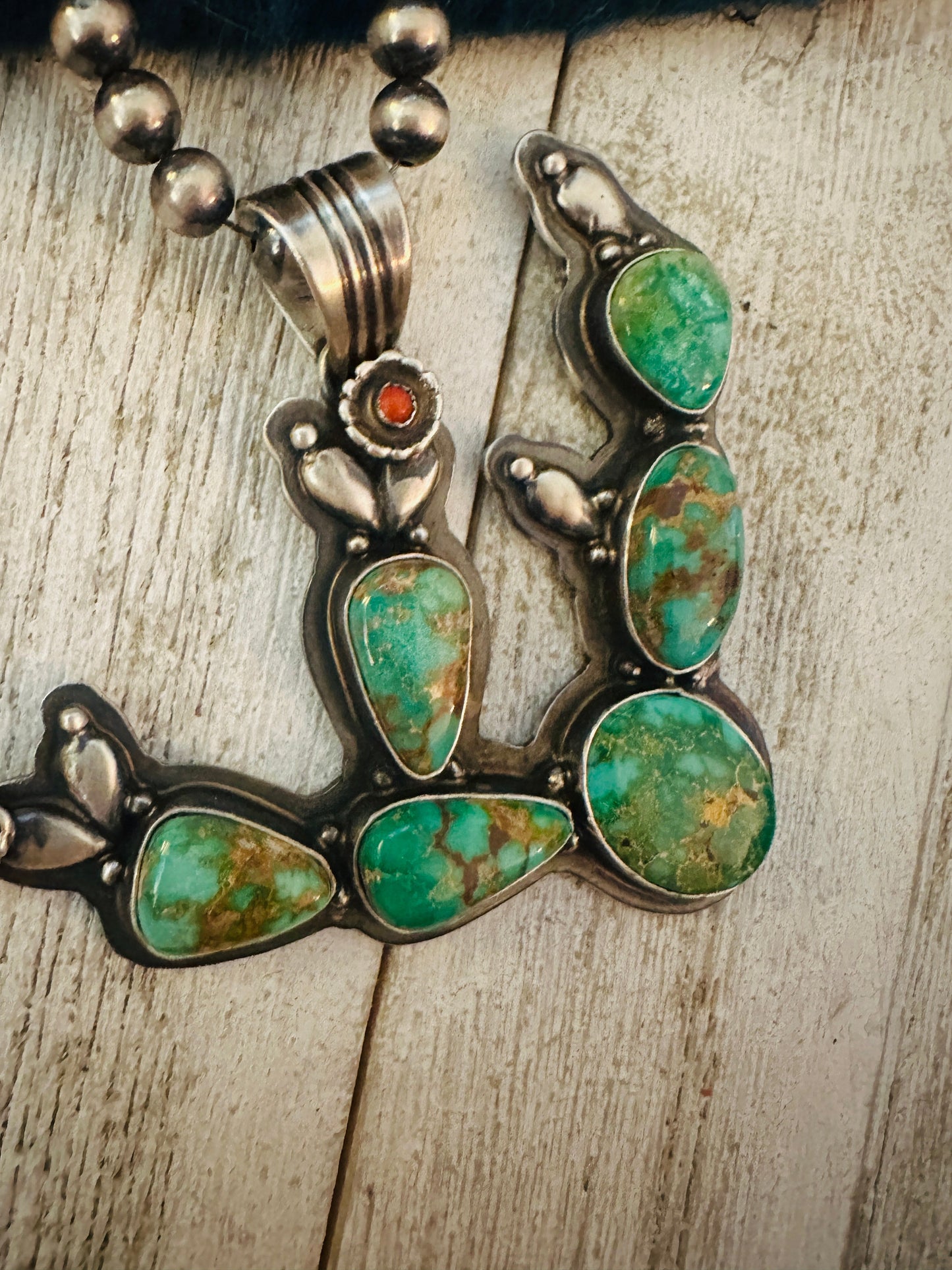 Handcrafted Turquoise, Coral and Sterling Silver Cactus Pendant