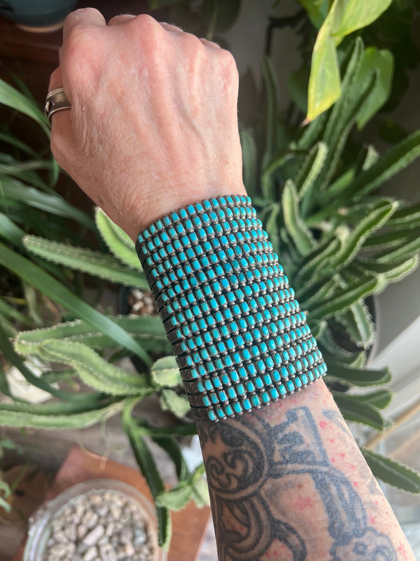 Handcrafted Stunning Old Pawn 15 Row Sterling Silver & Turquoise Gauntlet Style Cuff Bracelet by Clark Couyancy /