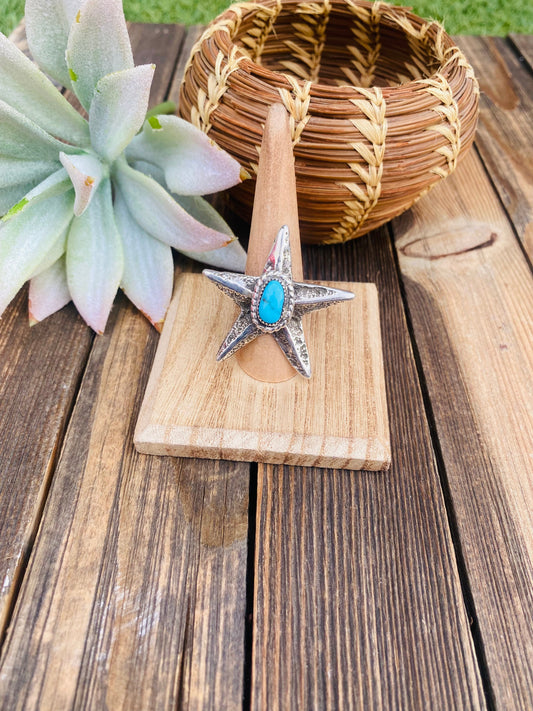 Handcrafted Turquoise & Sterling Silver Star Ring Size 7.5 Signed