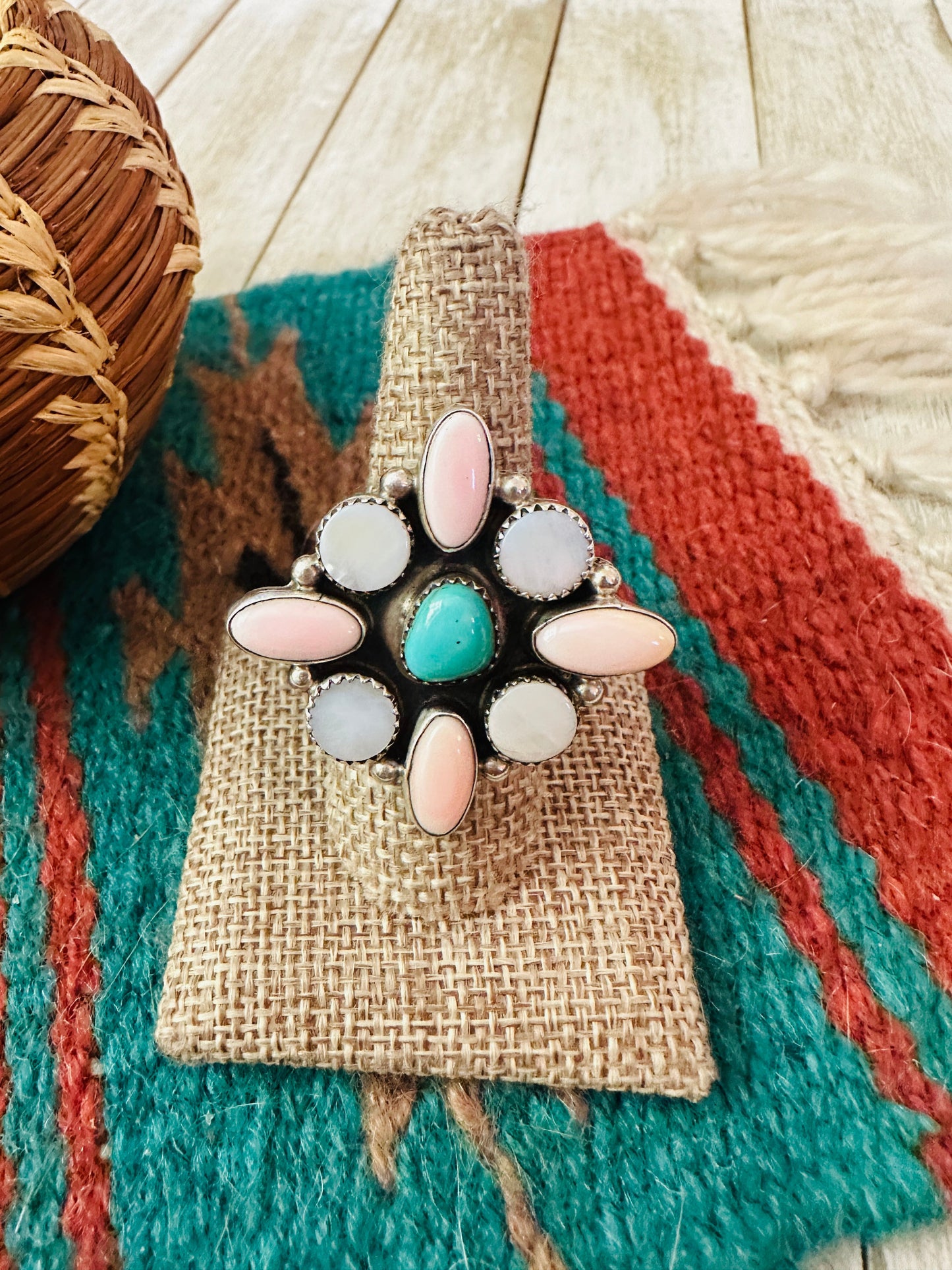 Handcrafted Queen Pink Conch, Mother of Pearl, Turquoise & Sterling Silver Adjustable Ring by Jacqueline Silver