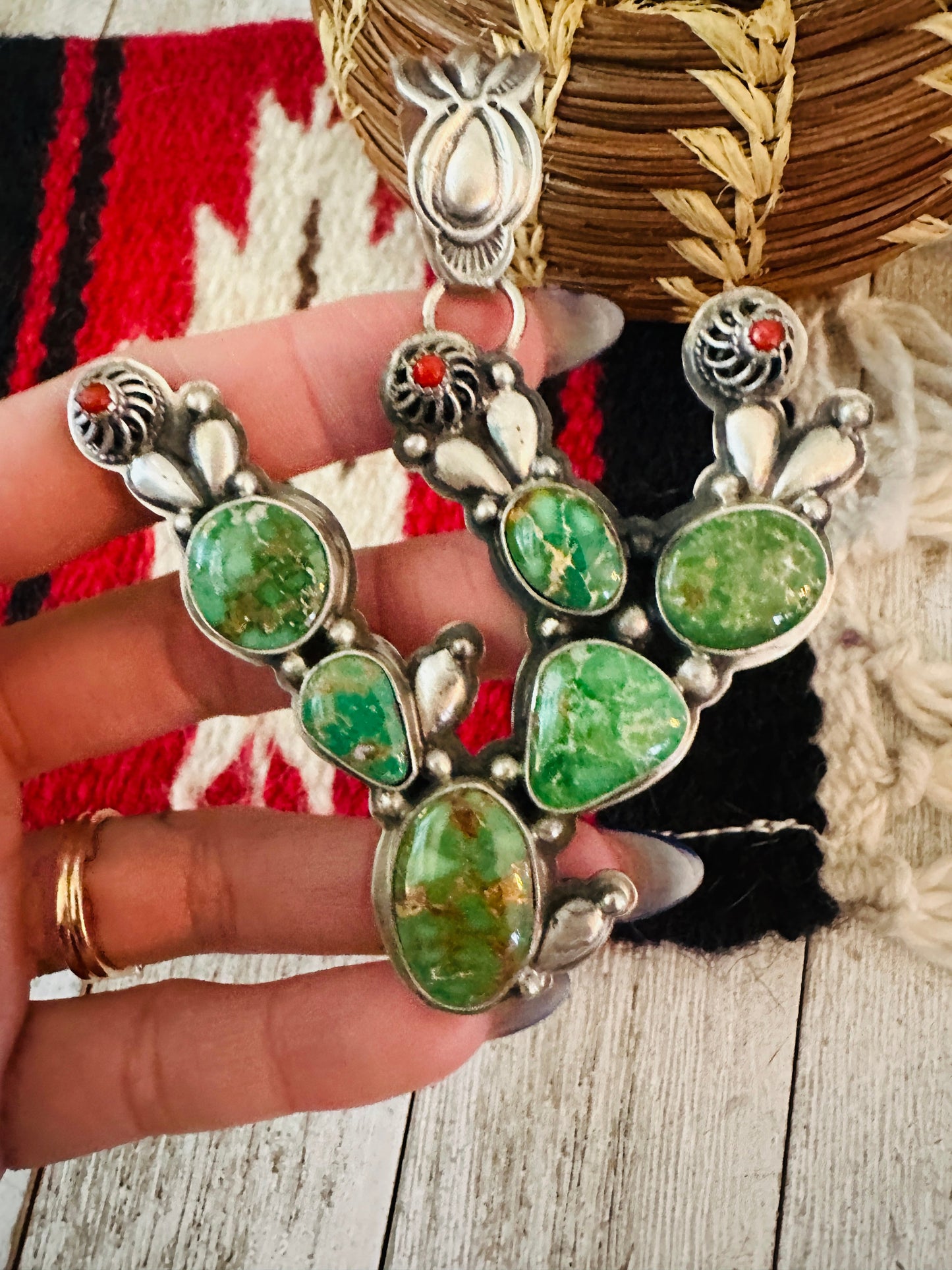 Handcrafted Turquoise, Coral and Sterling Silver Cactus Pendant by Charles Johnson