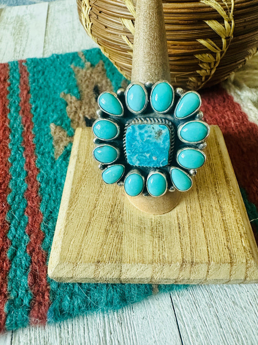 Handcrafted Turquoise & Sterling Silver Cluster Ring Size 7.5