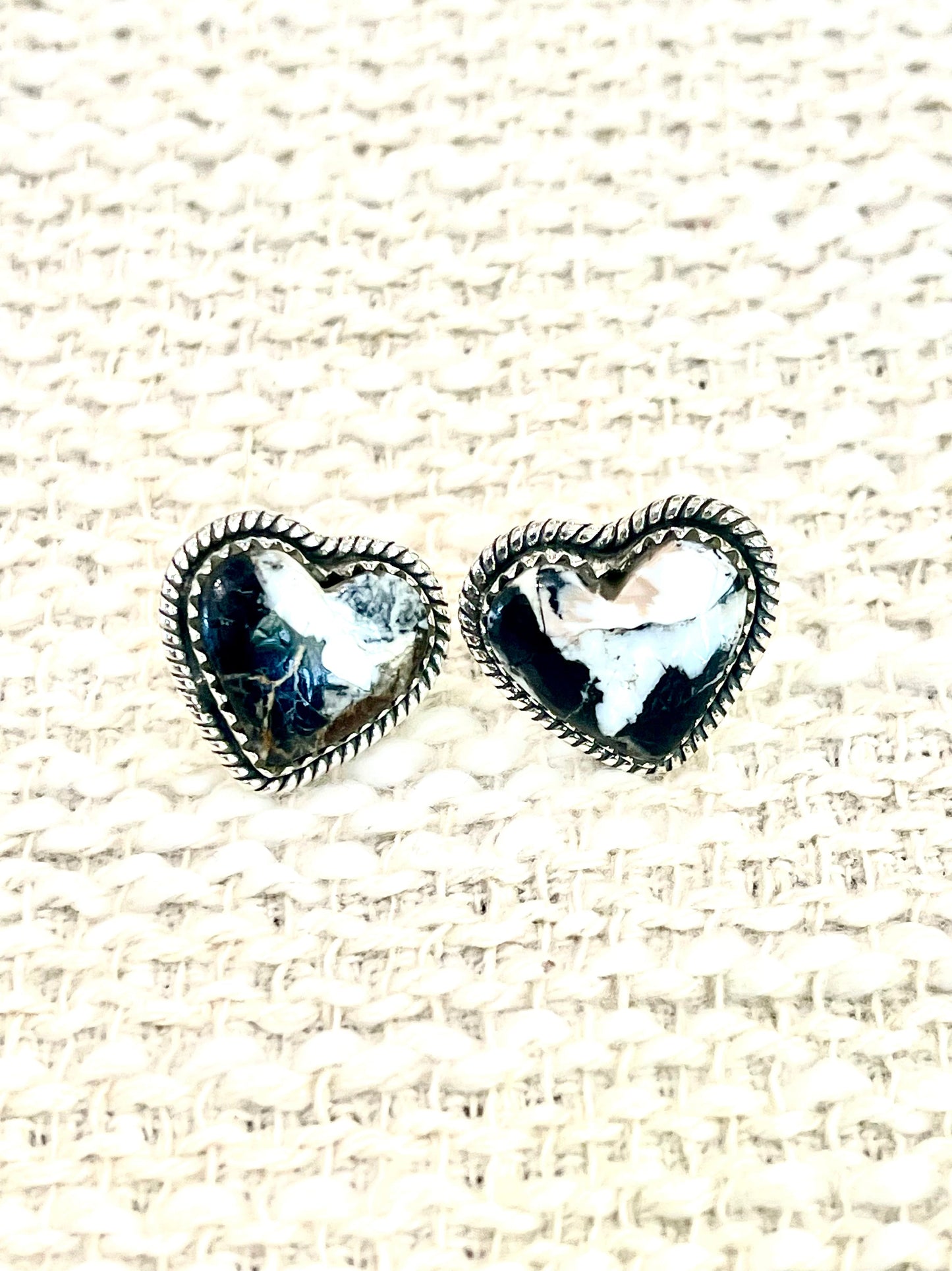 Handmade Sterling Silver White Buffalo Turquoise Heart Post Earrings with Signed Nizhoni