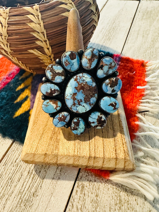 Handcrafted Golden Hills Turquoise & Sterling Silver Cluster Ring by Blaine Yellowhorse, Size 8.5