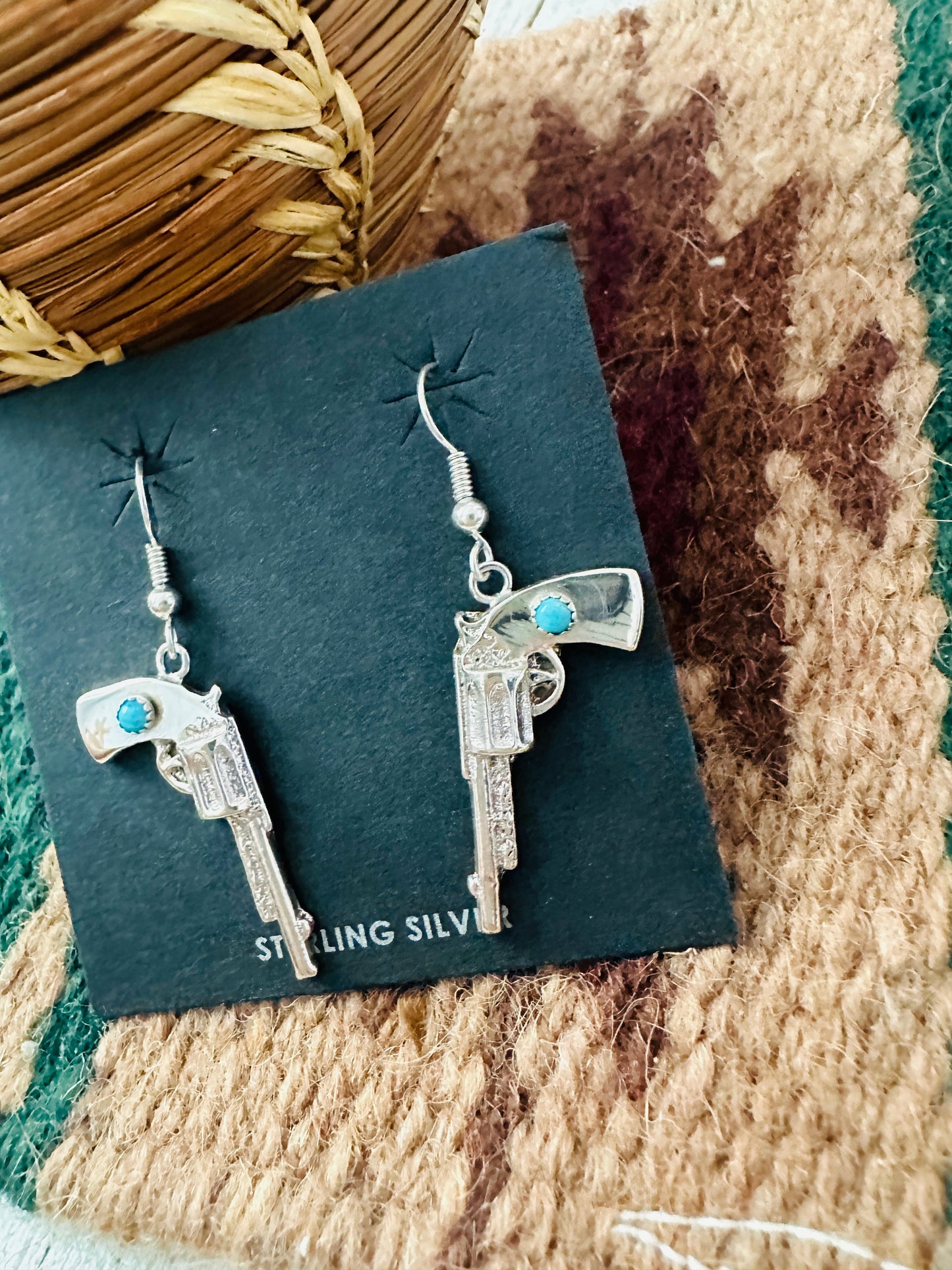 Navajo Turquoise And Sterling Silver Pistol Dangle Earrings