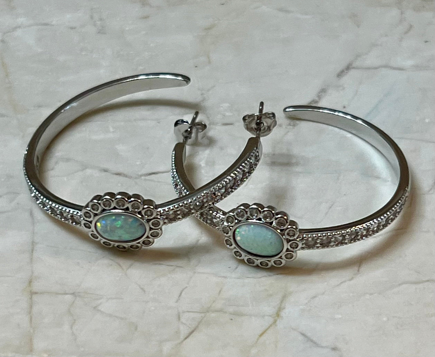 CZ Studded Opal Hoop Earrings Silver