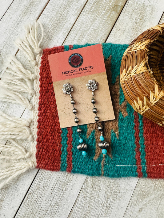 Handcrafted Turquoise & Sterling Silver Pearl Beaded Flower Dangle Earrings